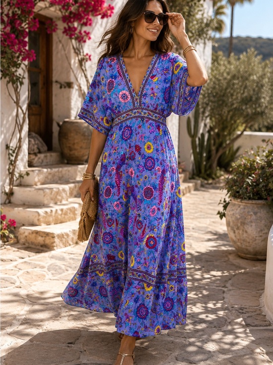 fab'rik Dresses & Skirts - FABRIK Blue Bohemian Floral Tasseled Maxi Dress with Kimono Sleeves, S